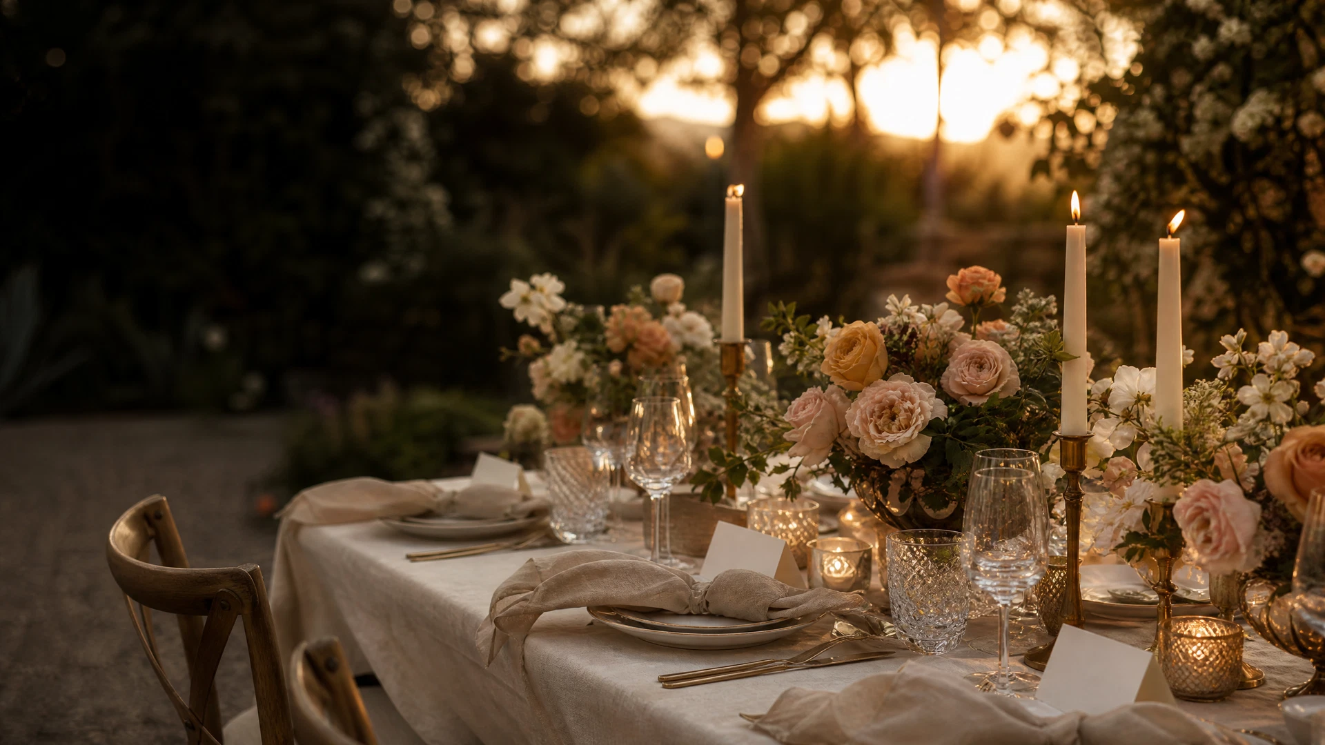 Elegant rehearsal dinner table set at golden hour